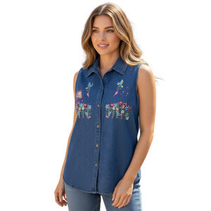 Vtg 90s Womens Denim Shirt M Blue Boho Bohemian Embroidered Flower Cottagecore